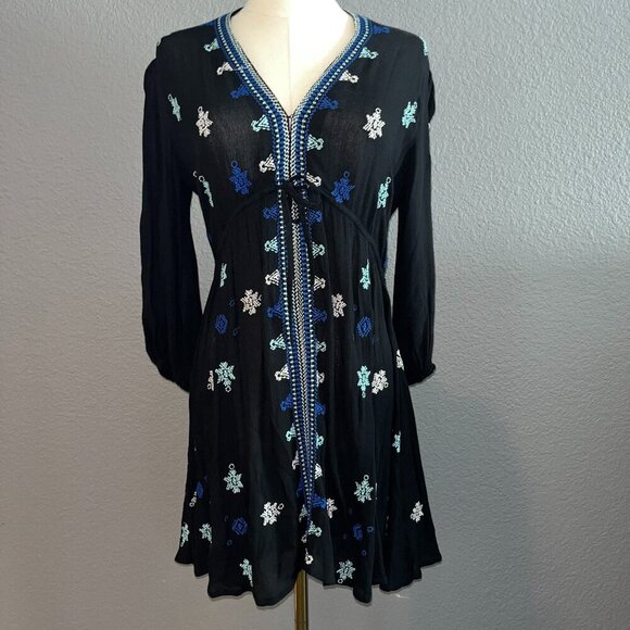 Free People Dresses & Skirts - FP FREE PEOPLE STAR GAZER BLACK & BLUE LONG SLEEVE EMBROIDERED DRESS - EUC - XS